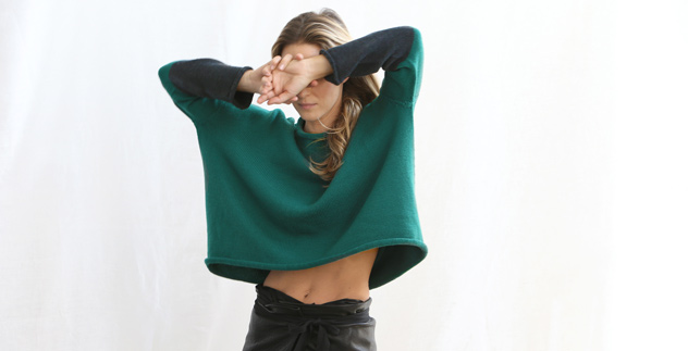 Emerald green woollen jumper with orange tip sleeves - Luna Gal Knitwear Australia